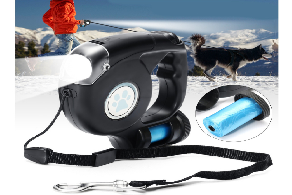 Hondenlijn hondenriem 4.5m met LED zaklamp, licht, verlichting, led lamp, honden uitlaatlijn + opbergcompartiment voor vuilniszakjes / poepzakjes inclusief batterijen