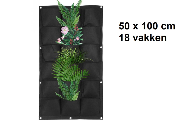 Verticale tuin met 18 grote vakken - 100cm x 50cm- hangende tuin - zwart - zwarte wand - groene muur - verticale moestuin zakken - plantenhanger balkon - plantenbak - plantenzak, 1 x 0.5 meter