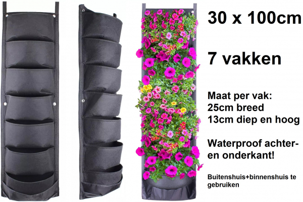 Verticale tuin met 7 grote vakken - 30cm x 100cm- hangende tuin - zwarte wand - groene muur - verticale moestuin zakken - plantenhanger balkon - plantenbak - plantenzak, 0.3 x 1 meter