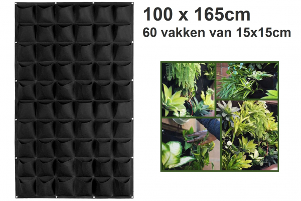 Verticale tuin met 60 grote vakken - 100cm x 165cm - verticale tuin - zwart - groene wand - groene muur - verticale moestuin zakken - plantenhanger balkon - plantenbak - plantenzak 1x1.65 meter