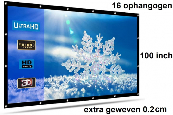 Beamer scherm projectiescherm 100 inch 16:9, dichter geweven >> 390 gram met 16 ophangogen, beamerscherm doek incl ophanghaken