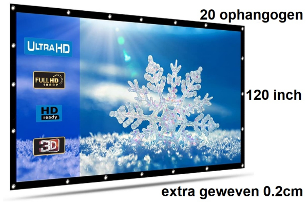 Beamer scherm projectiescherm 120 inch 16:9, dichter geweven >> 560 gram met 20 ophangogen, beamerscherm doek incl ophanghaken