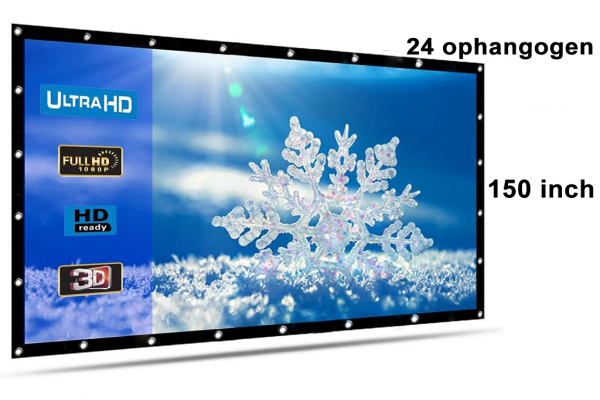 Beamer scherm projectiescherm 150 inch 16:9, lichtgewicht 560 gram met 24 ophangogen, projectie-doek beamerscherm incl ophanghaken