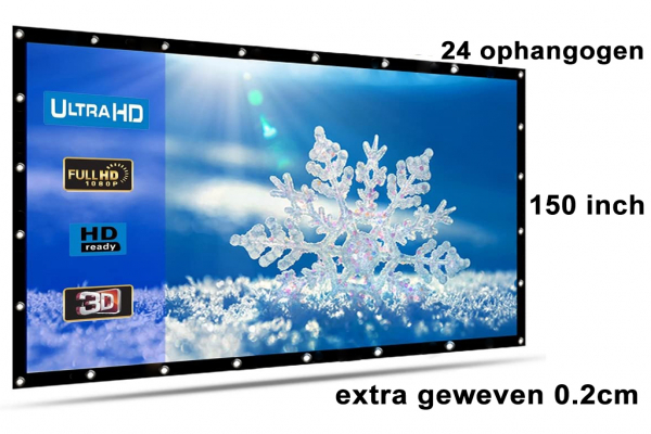 Beamer scherm projectiescherm 150 inch 16:9, dichter geweven >> 810 gram met 24 ophangogen, beamerscherm doek incl ophanghaken